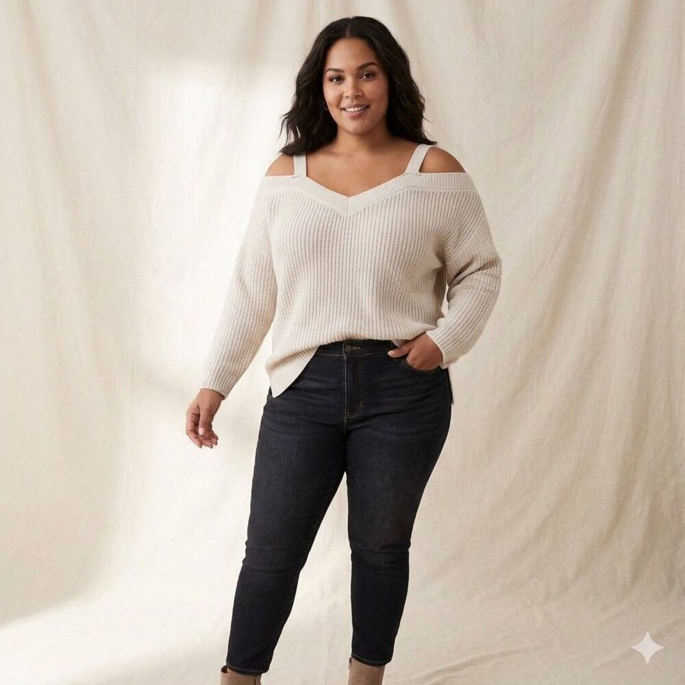 Torrid Strappy Cold Shoulder Ribbed Knit Pullover Sweater Beige Cream 2